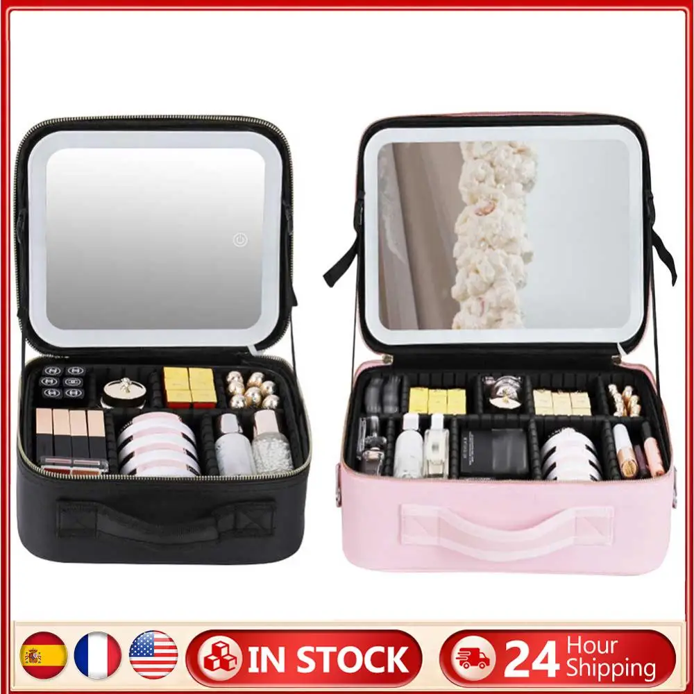 

Smart LED Cosmetic Case with Mirror Travel Makeup Bags Portable Large Capacity Fashion Simple PU Leather for Weekend Vacation
