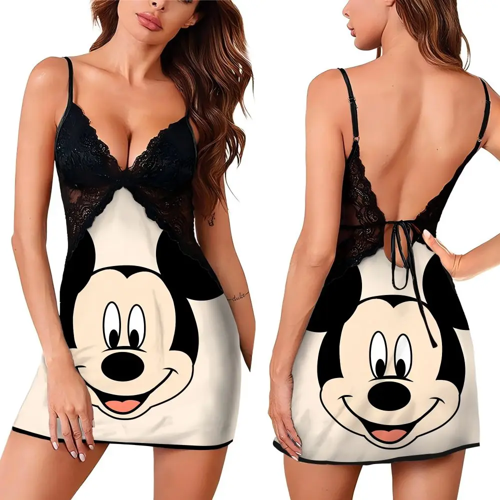 

New Mickey Cartoon Pattern Lace Dress for Women Romantic Women's Suspender Nightwear Back Lace Hollowout Design Female Pajama