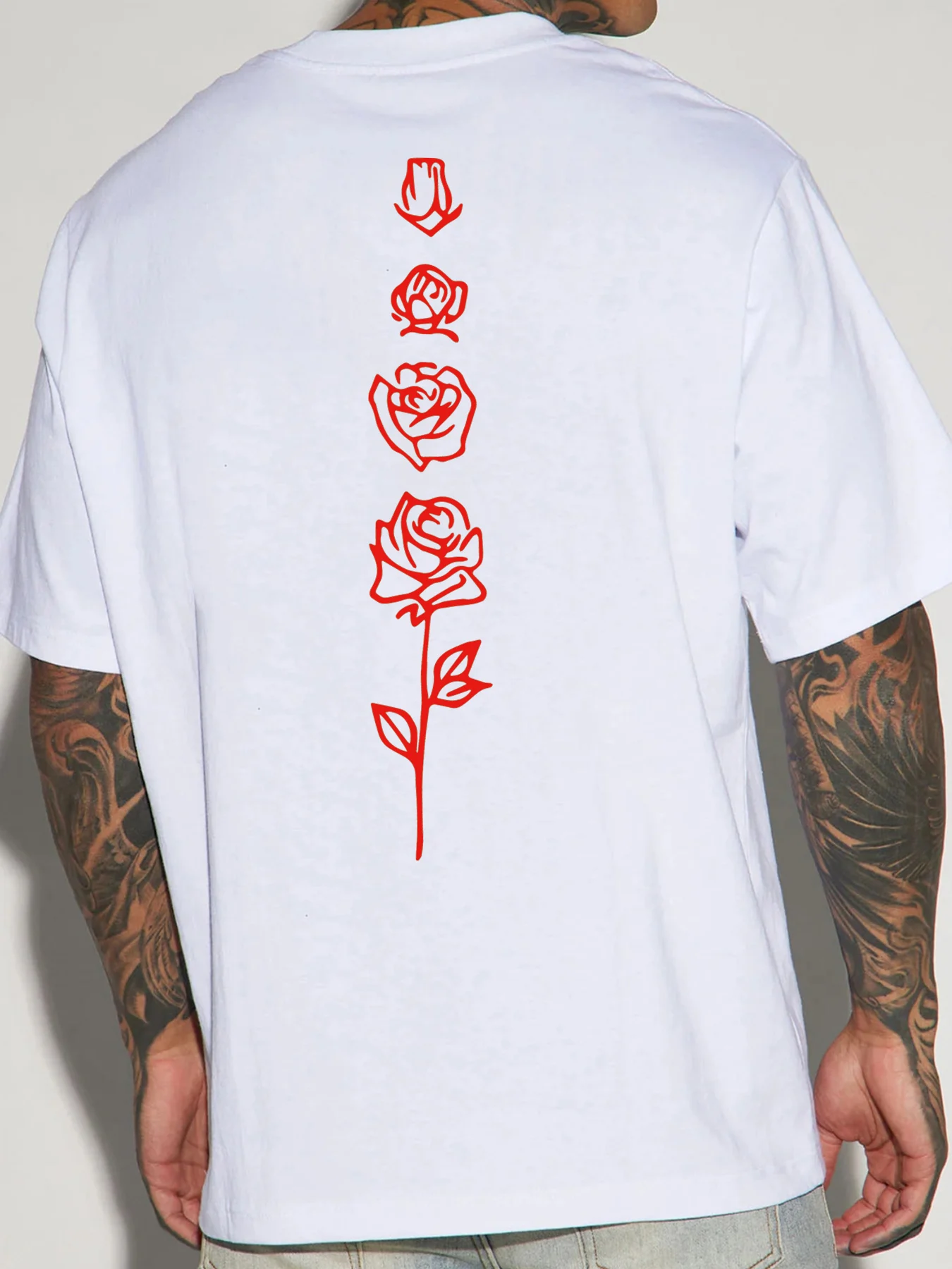 Men's Summer 100% Cotton Fashionable Casual Loose Large Back Red Rose Pattern Printed Sports Round Neck Short Sleeve T-shirt Top