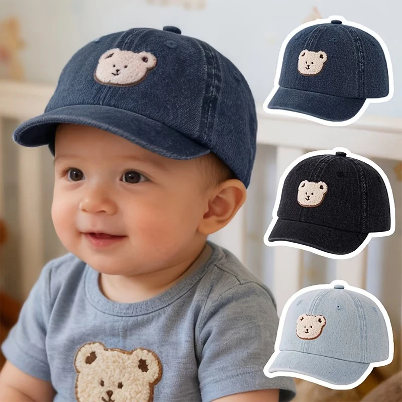 

Детская джинсовая бейсболка для малышей 1-3 лет с козырьком, солнцезащитная кепка с милым медведем для детей, для улицы