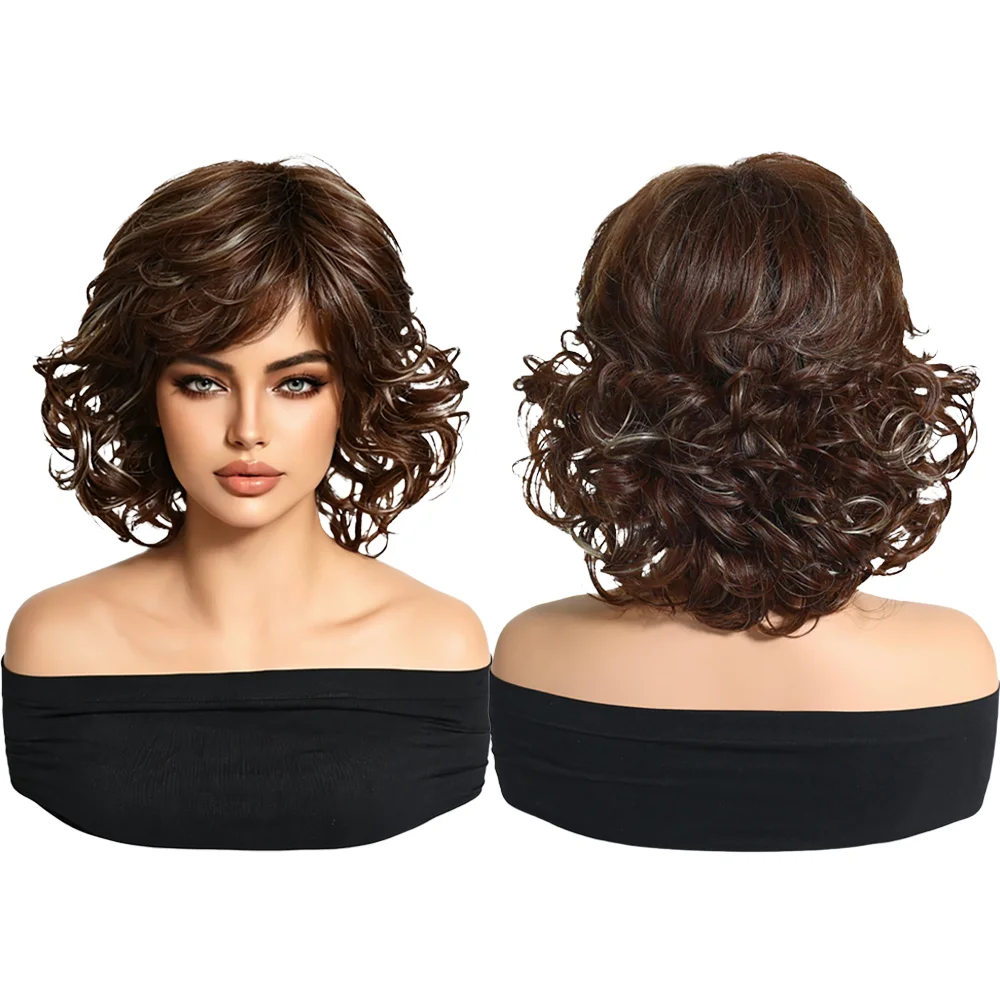 Brown Blonde Highlight Short Curly Bob Wig For Women Natural Soft Heat Resistant Synthetic Hair with Fringe Daily Cosplay Party