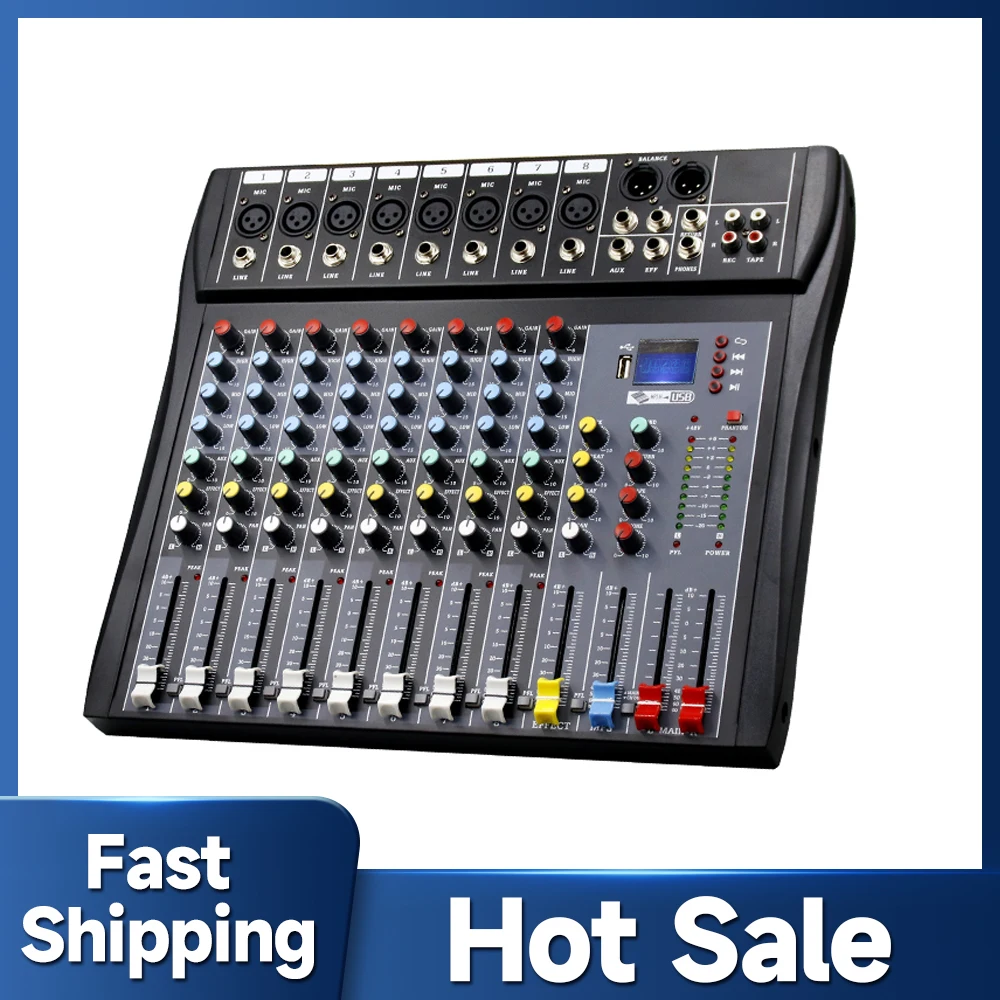 

8 Channels Audio Sound Mixer 7 Band EQ 99 Effect 2 AUX Output 48V Mixing Console with USB Bluetooth Play Mix