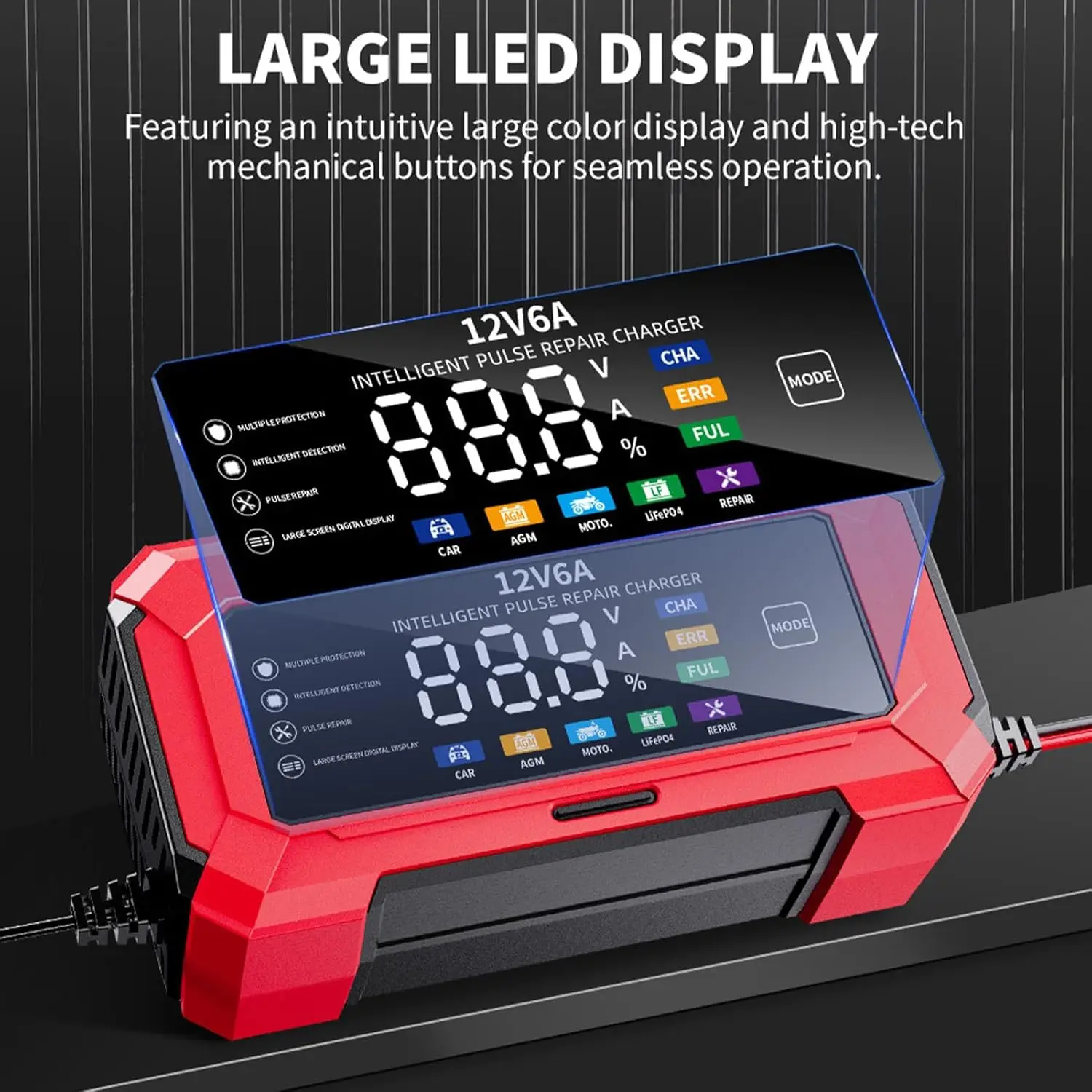 6A 12V Intelligent Car Battery Charger, LCD Display, Car Motorcycle Lead-acid, Start Stop Battery, AGM, EFB, GEL, Battery Usage