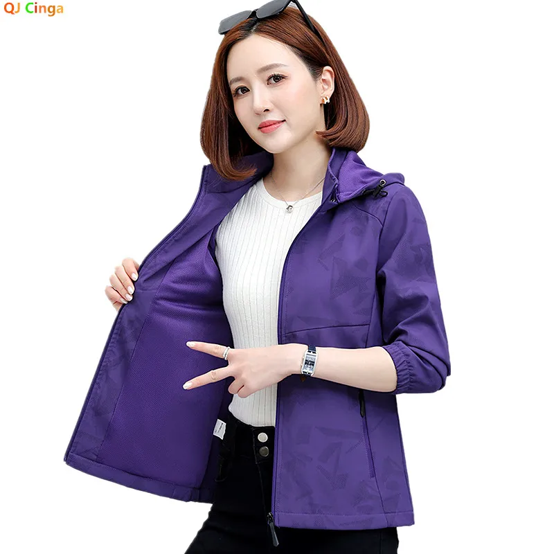 Women's Purple Long-sleeve Hooded Jacket for Spring and Fall; A Stylish, Casual Printed Coat with A Zippered Front Placket.