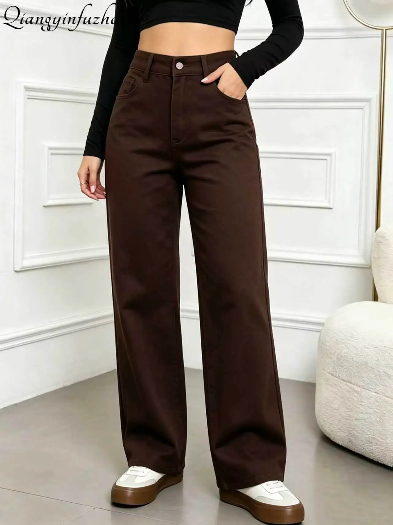 Coffee-colored washed soft denim women's high-waisted loose straight-leg pants with good drape and slimming effect, versatile an