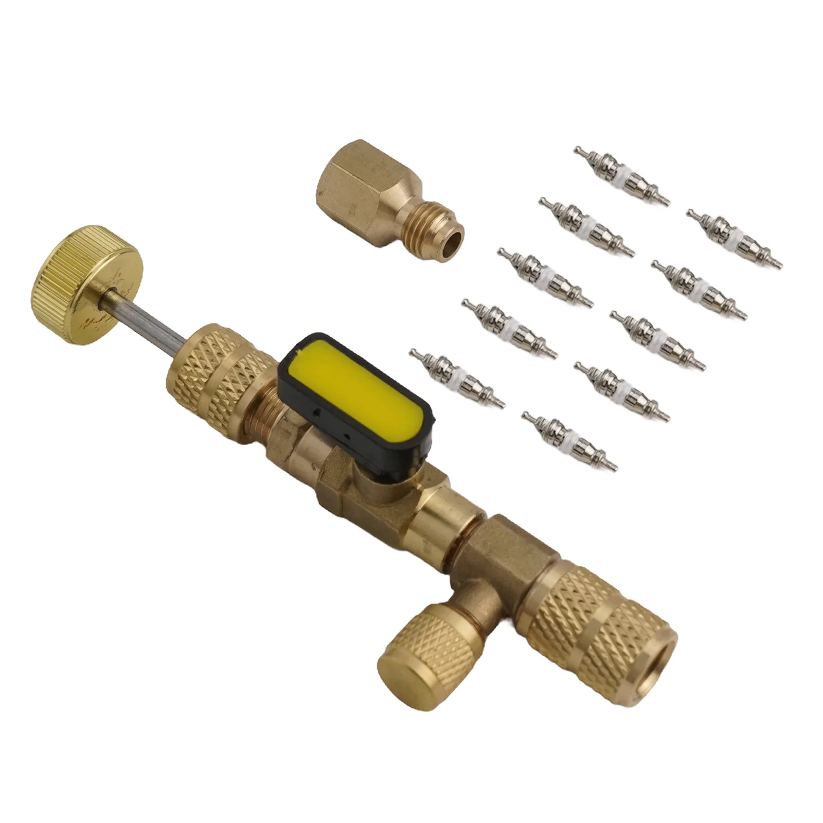 Kit de ferramentas de instalação removedor de núcleo de válvula com tamanho duplo 1/4 e 5/16 porta para com sistema HVAC R22 R12 R407 R410 R404 R32 R600