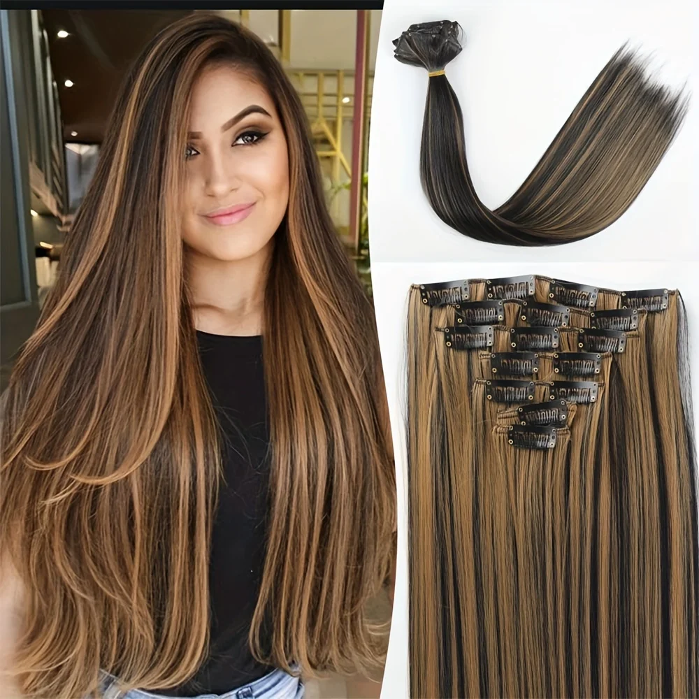 7 buah/Set 16 klip ekstensi rambut lurus tulang sutra panjang 22 inci wig sintetis klip dalam wig aksesori rambut wanita