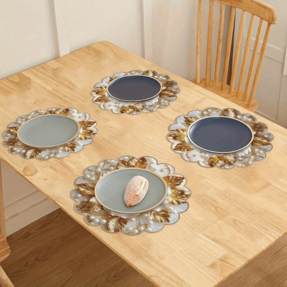 VIKAMA Round Place Mats Set of 4 Ivory Gold Rose Pearl Floral Scalloped Table Mats Elegant Modern Dining Table Decor Wedding