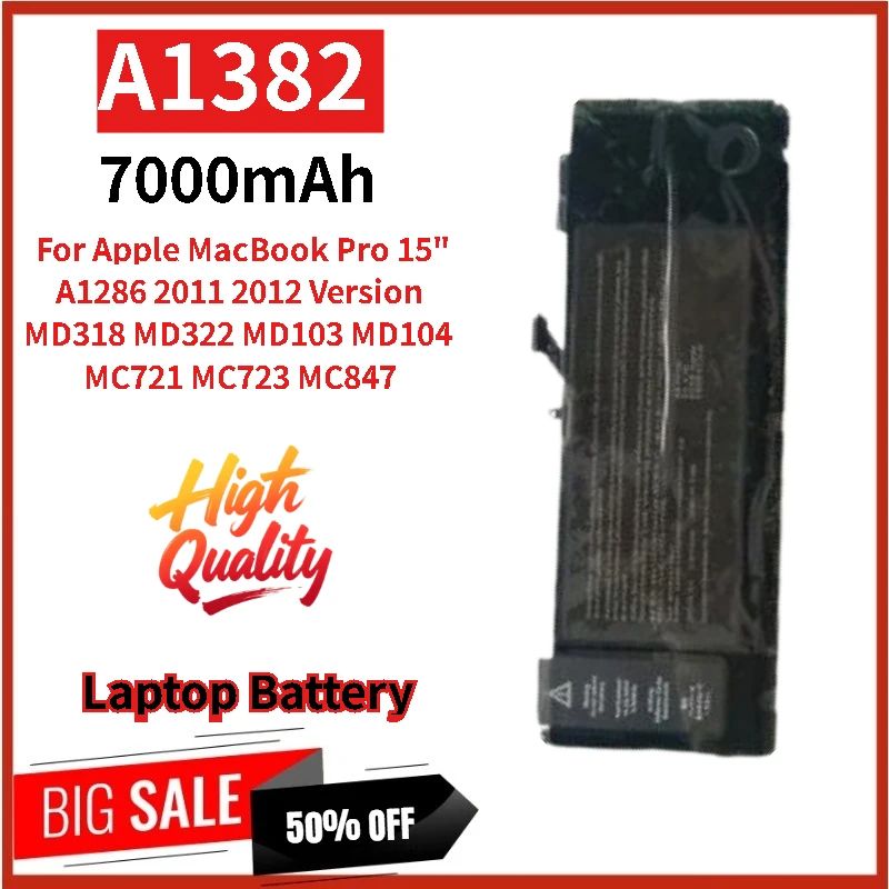 

Новый сменный аккумулятор для ноутбука A1382, 10,95 В, 7000 мАч для Apple MacBook Pro 15 дюймов, A1286 2012 2011, версия MD322 MD103 MD104 MC721