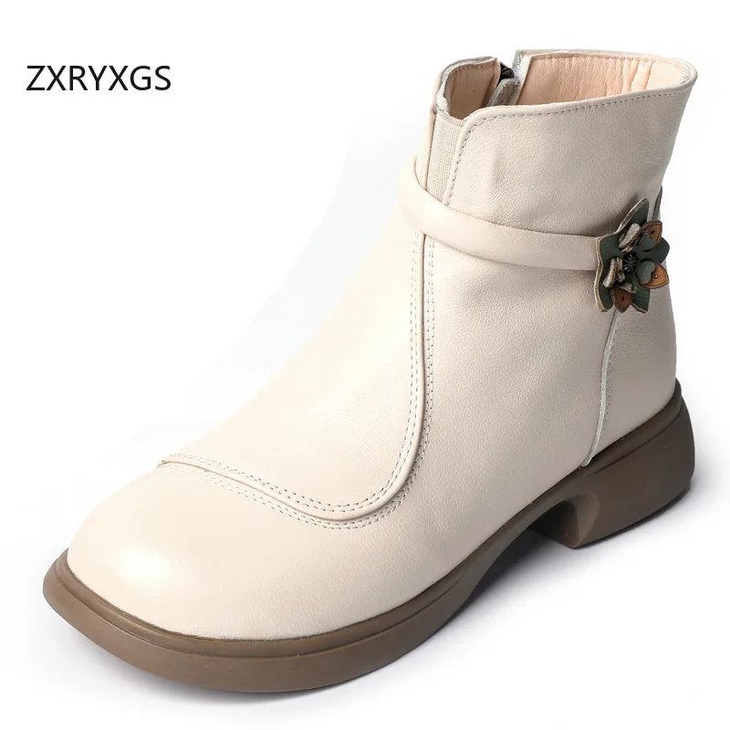

ZXRYXGS Top Layer Cowhide Flowers Women Fashionable Boots New 2025 Large Size Mid Heel Autumn Winter Boots Women Warm Snow Boots
