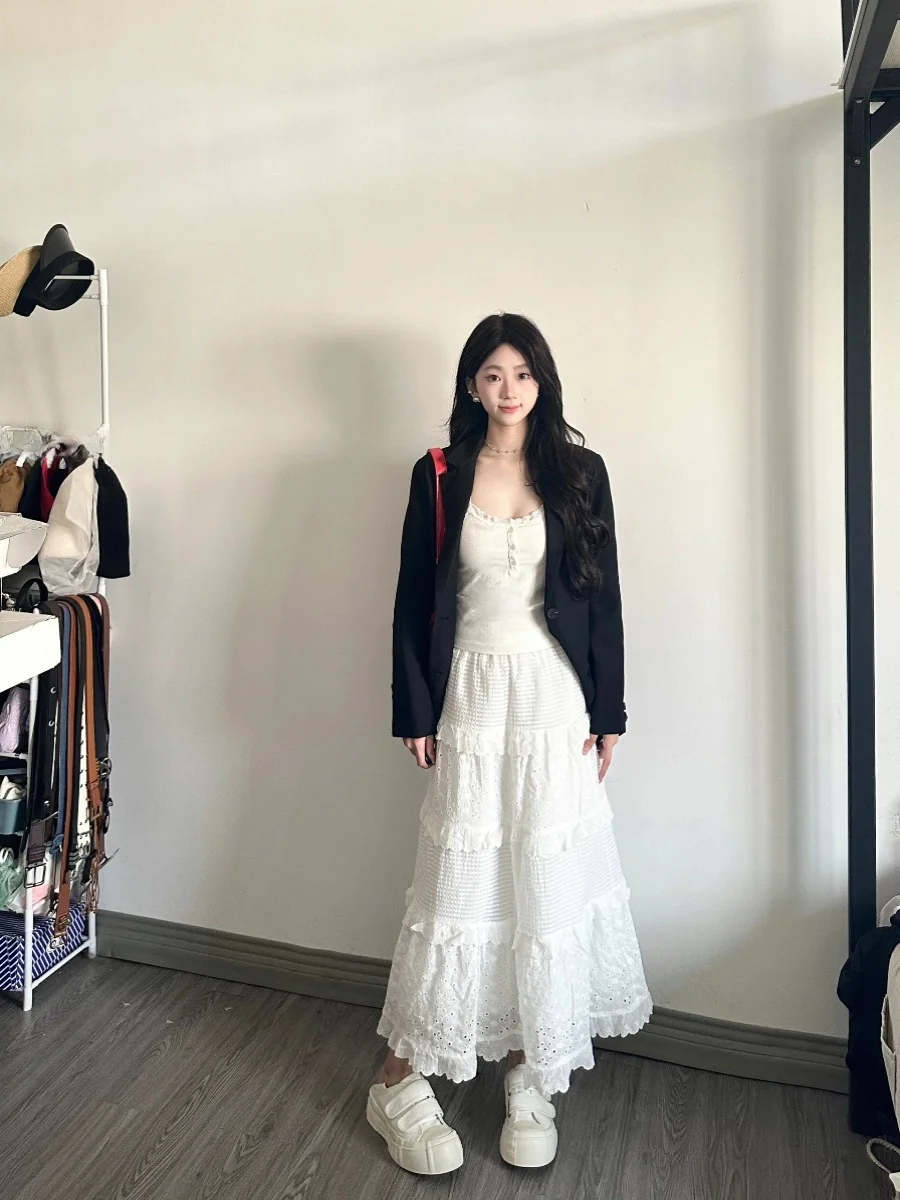 

Женская длинная юбка А-силуэта больших размеров с высокой талией, белая, в корейском стиле, однотонная, для офиса, осень-зима