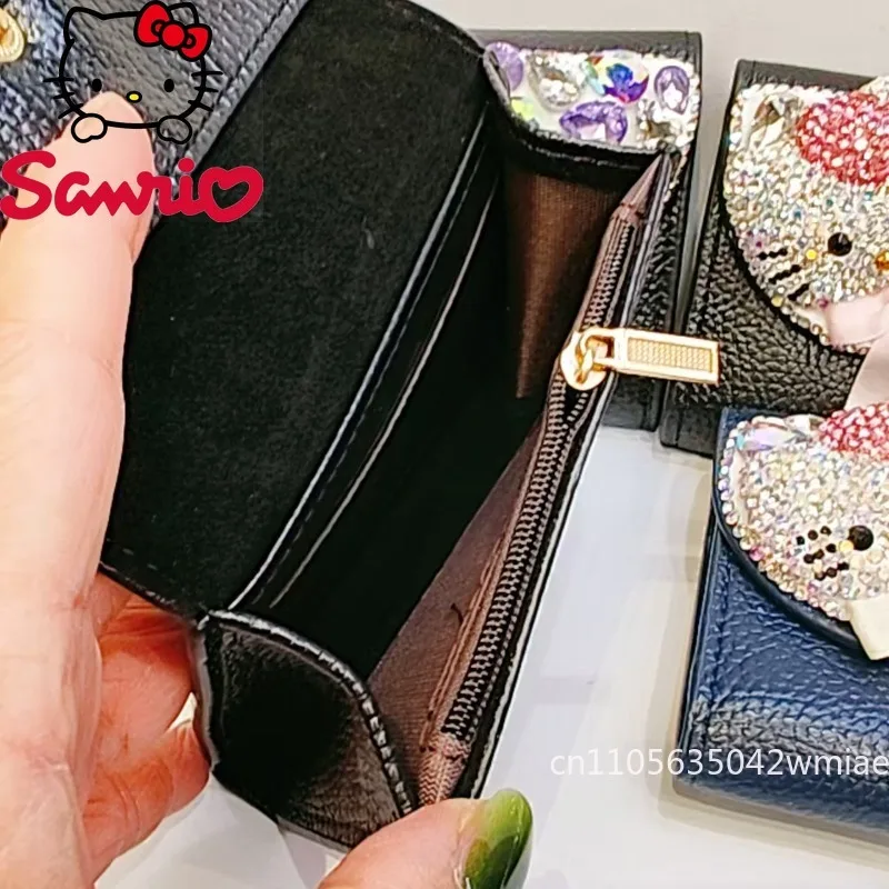 Hello Kitty New Women's Mini Wallet with Diamonds High-quality Short Coin Purse Black Versatile Banquet Lipstick Storage Bag
