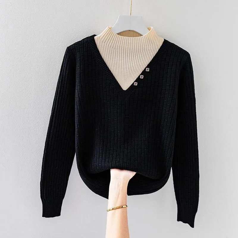 New Autumn/Winter Fashion Korean Edition Retro Fake Two Piece Half High Neck Loose Versatile Western Women's Knitted Sweater