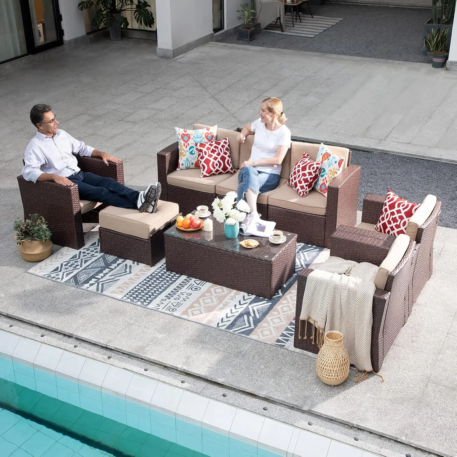 

8 Piece Outdoor Patio Furniture Set, Patio Conversation Sets, All-Weather PE Wicker Outdoor Sectional Sofa with Ottoman