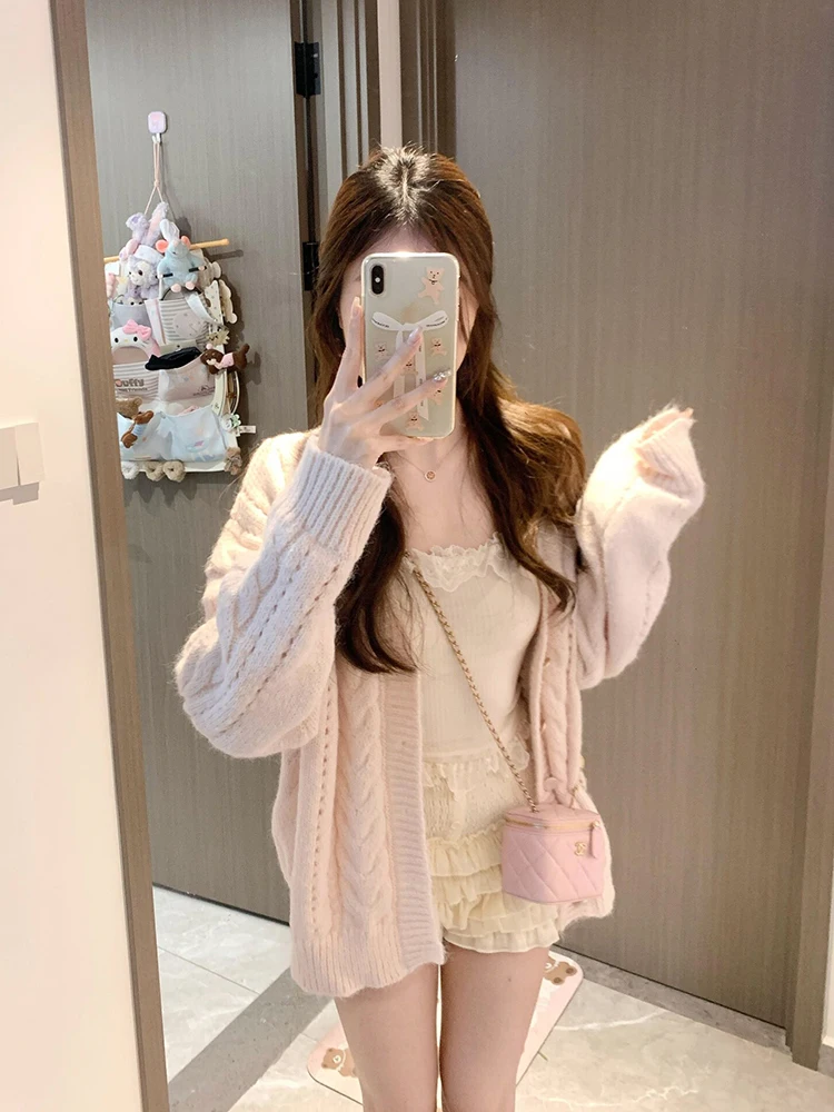 

Pink V-Neck Knitted Sweater Coat Women's Autumn Winter Loose Long Cardigan Comfortable Korean Style Casual Fashion