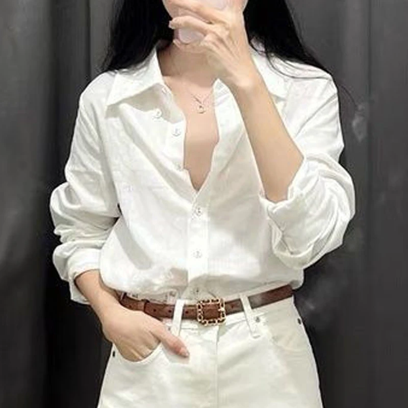 Women\'s Simple Casual Cotton Button Up Shirt Korean Style Turn Down Collar White Blouse Long Sleeve Loose Tops Blusas Para Mujer