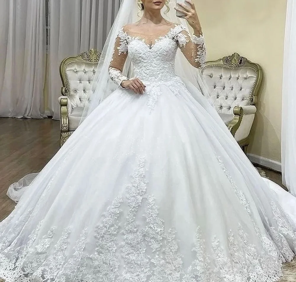 Elegante weiße Brautkleider, Spitzenapplikationen, Schnürung, Brautballkleider, lange Ärmel, bodenlang, Vestidos de Novia, individuell anpassbar