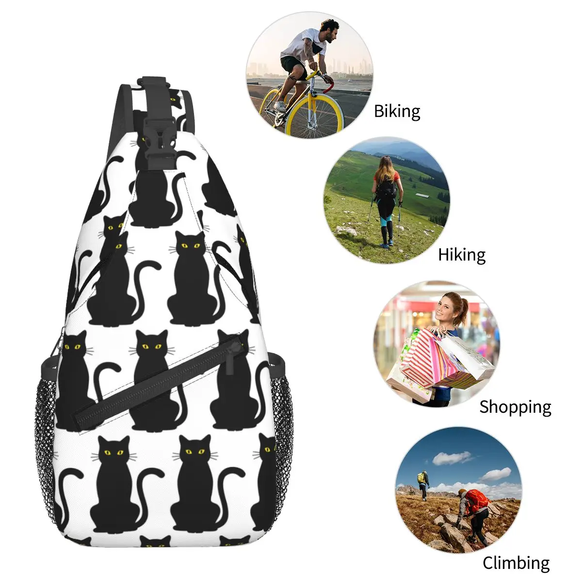لطيف القطة السوداء حقيبة الصدر الرجال حبال Crossbody على ظهره حقيبة صدر للرجال السفر المشي لمسافات طويلة Daypack حقيبة الكتف
