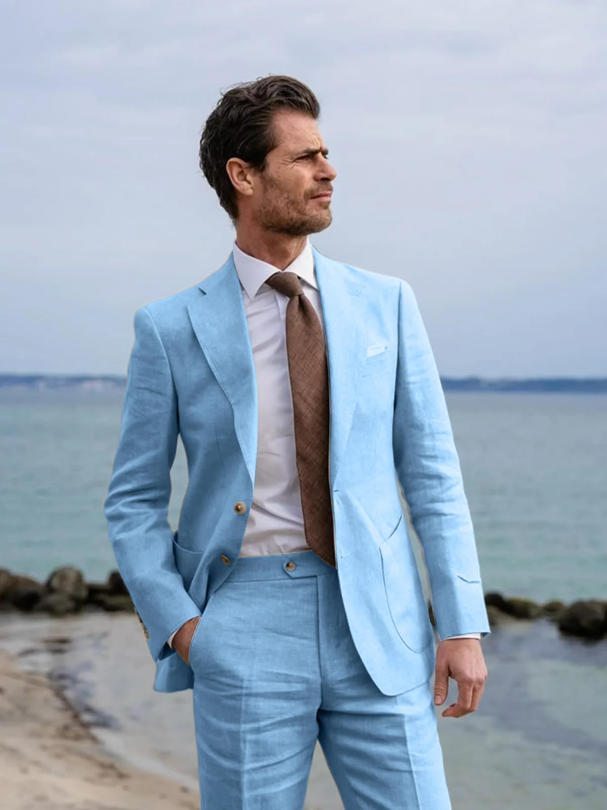

AnnieBritney Summer Linen Suit for Men Slim Fit Man 2 Piece Outfit Set Casual Traje Para Hombre Terno Masculino Completo Elegant
