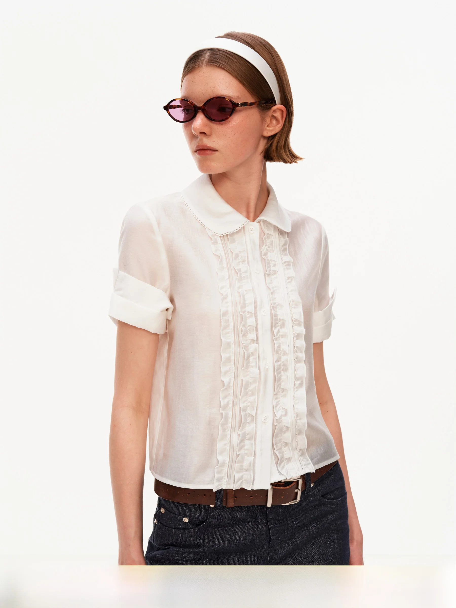 

Puki Original Handmade Ruffle Collar Short Sleeve Shirt Casual Style Lenzing Lyocell Polyester Blend Regular Fit Women's Top