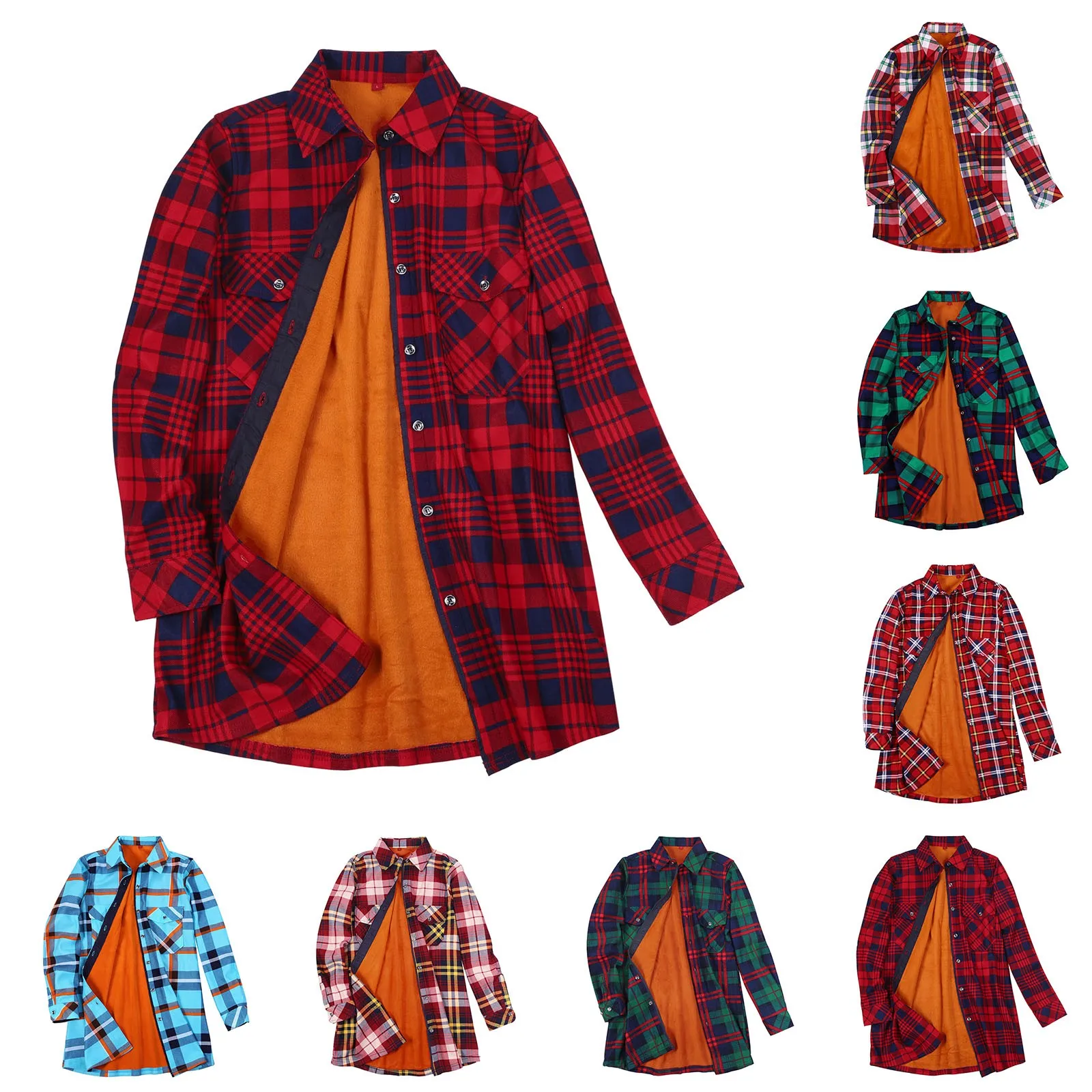 Women\'s Shirt Plaid Print Fleece Lined Jacket Button Pockets Harajuku Spring And Autumn Checkered Flannel Vintage Blouse Femme