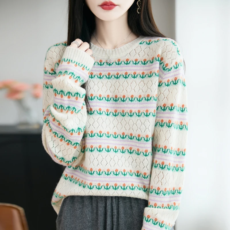 

New Women's Sweater Autumn/Winter 100% Merino Wool Sweater Casual Loose Round Neck Pullover Fashion Korean Embroidered Top