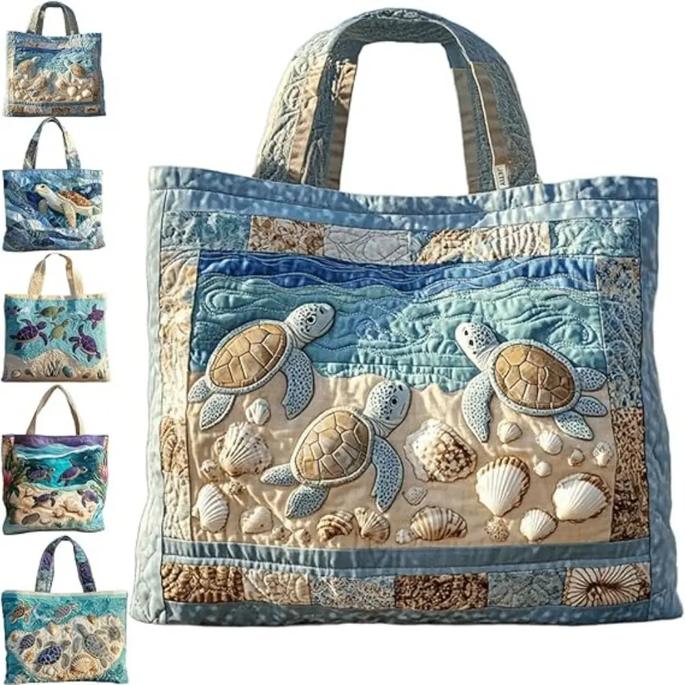 New Turtle Print Turtle Quilted Tote Bag Large Capacity Soft Ocean Turtle Canvas Tote Durable 3D Handbag view 3