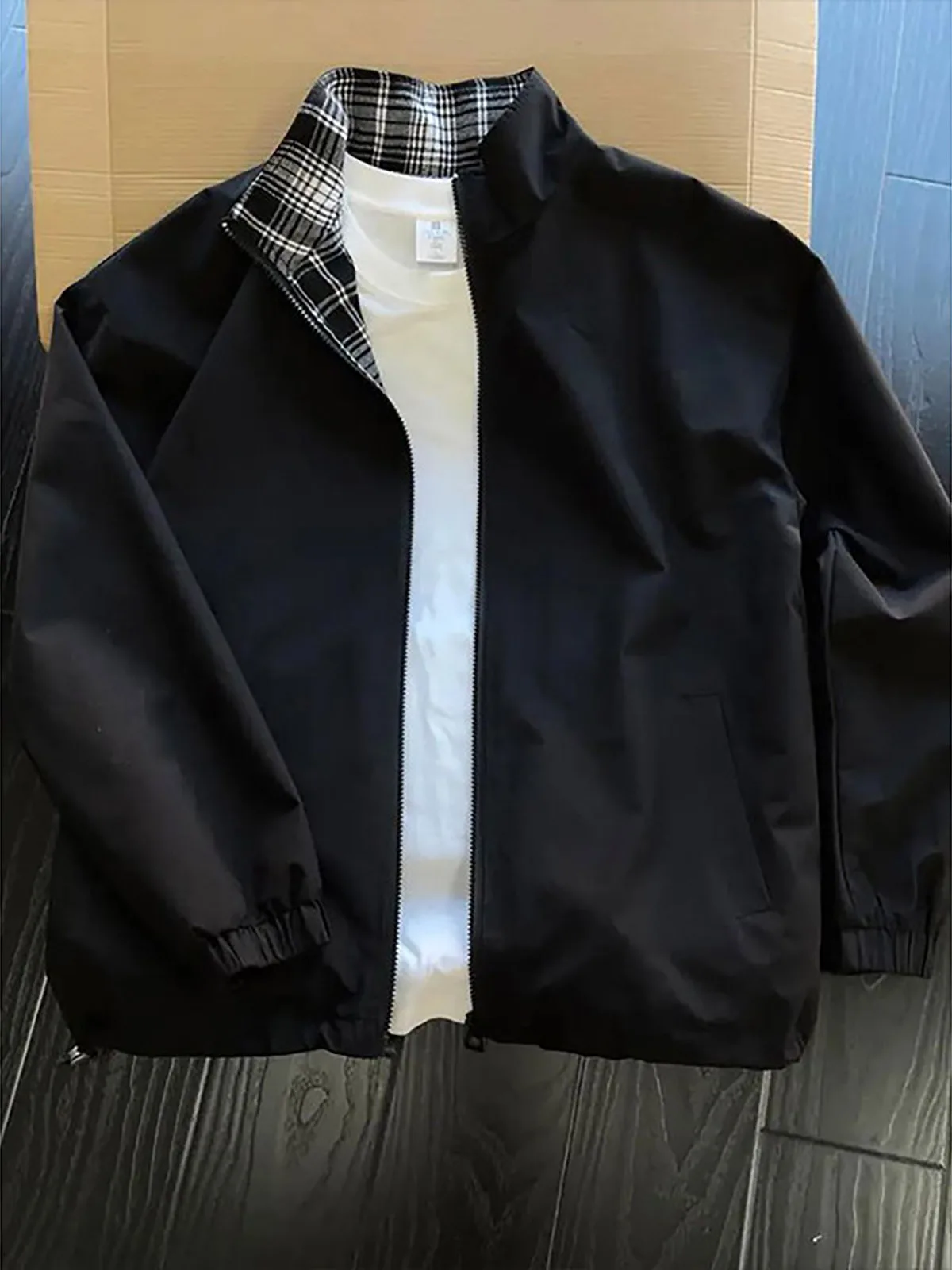 Black Cleanfit Plaid Patchwork Baseball Style Sport Coat Men's Autumn Casual Jacket Youthful Flip Collar Long Sleeve Zipper