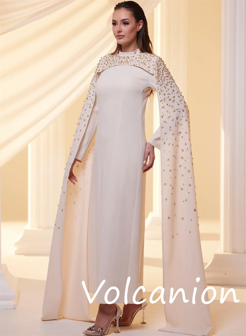 Customized Matching Retro Jersey Sequined A-line High Collar Midi Dresses Bespoke Occasion Pastrol Classic