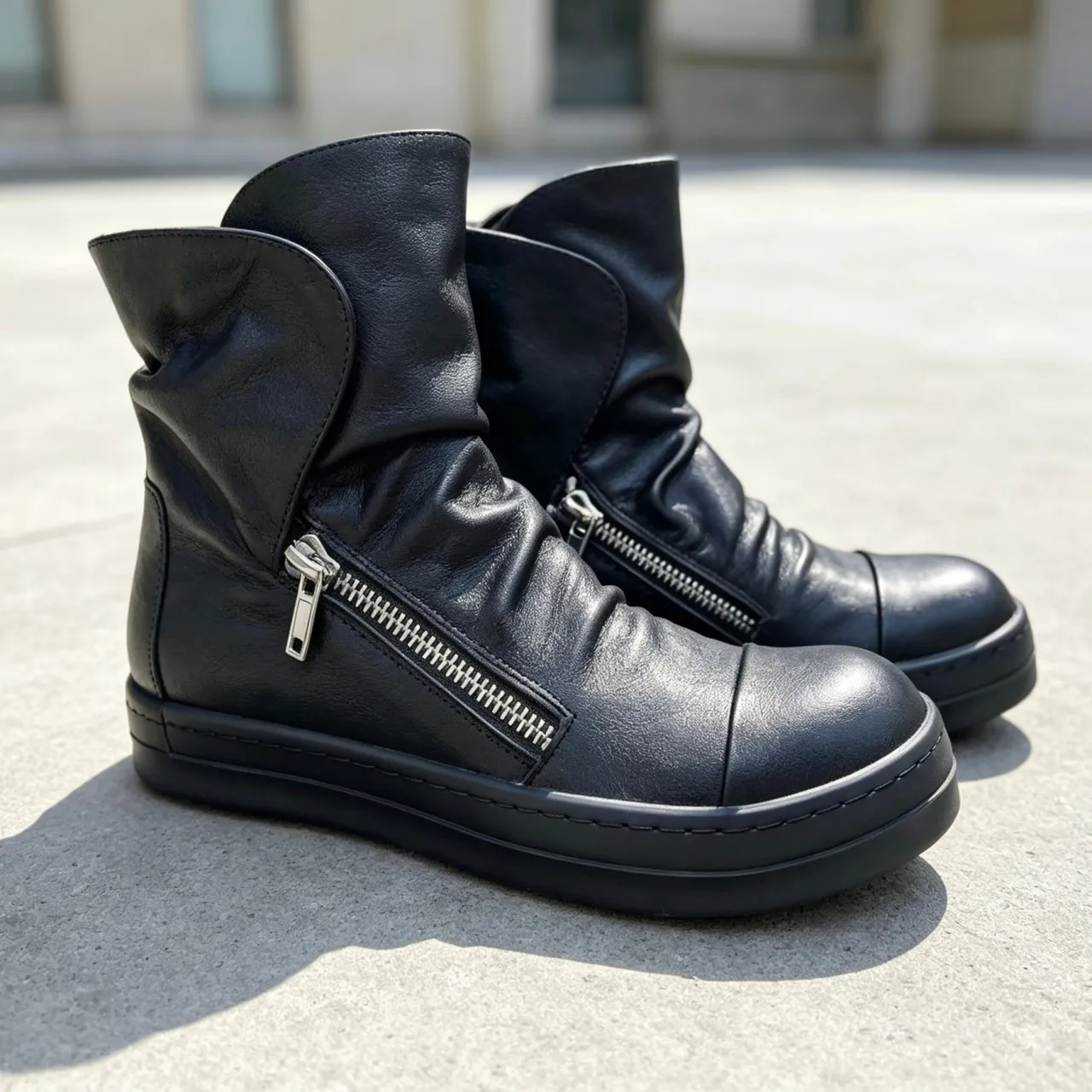 Men's High Top Casual Shoes Luxury Zipper Pleated Design Black Leather Handmade Ankle Boots -  Street Style for Men And Women