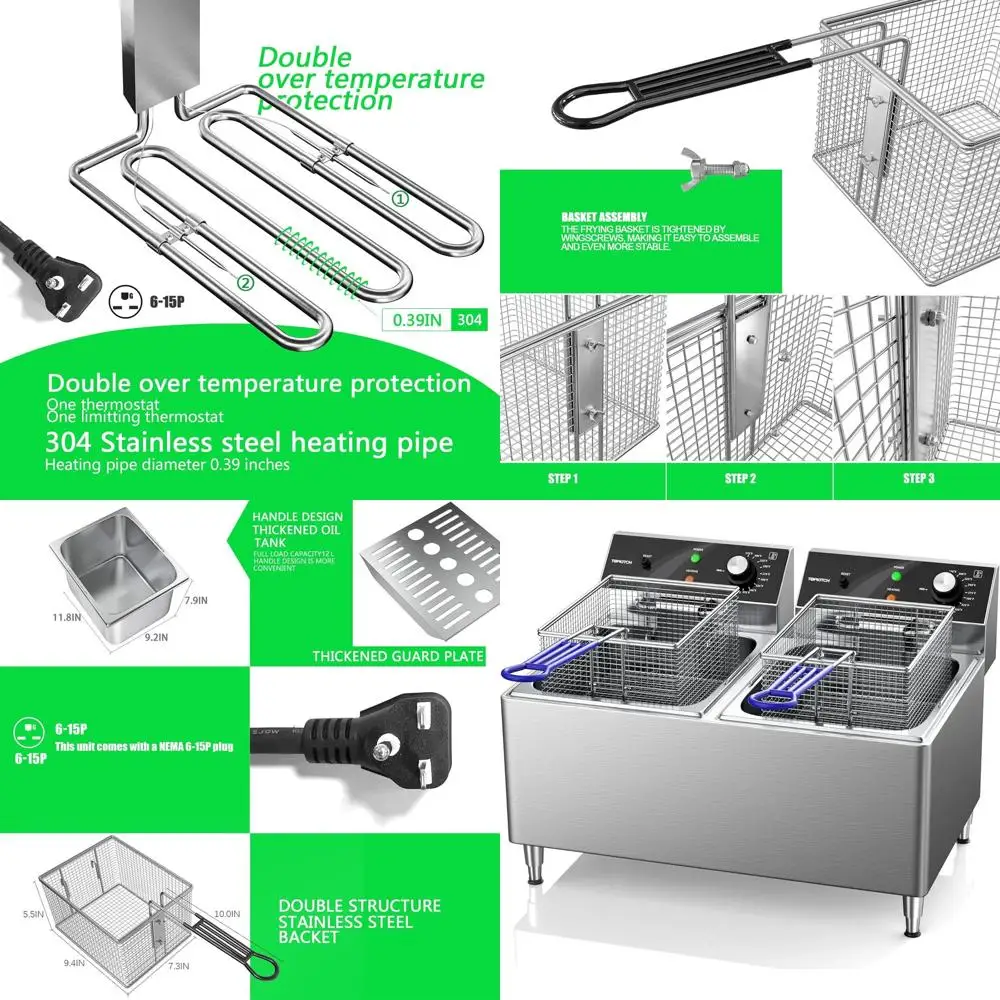 

12L Dual-Tank Electric Deep Fryer 3300W x 2, 240V, 2 Baskets, Restaurant-Grade Countertop Model