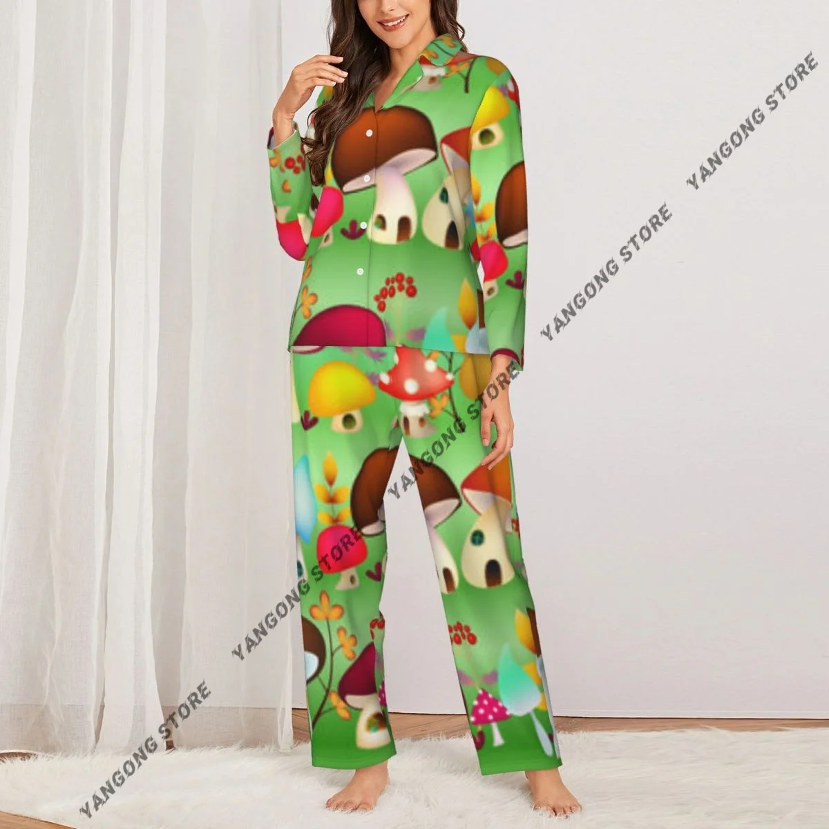 Women Sleepwear Pajamas Magic Mushrooms House Set Cute Fantasy House Long Sleeve Pijama Female Set Negligee Cardigan Suit