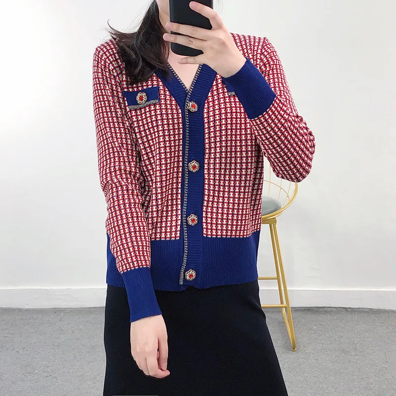 Elegant V-Neck Designer Top Spring Autumn 2025  Rhinestone Button Cardigan Sweater with Bird Plaid Stitching - Women Collection