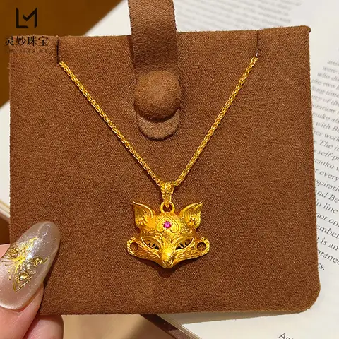 Luxury 24K 9999 Pure Gold real gold Women's Rose Red Diamond Nine Tail Magic Face Fox Pendant Necklace