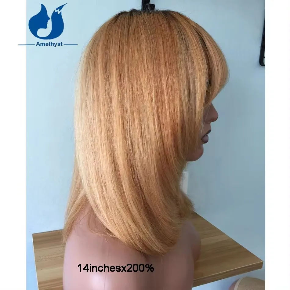 Amethyst 3/27 Blonde Straight Bob Wig with Bangs Human Hair for Women Full Machine Made Scalp Top Wig Brazilian Ombre Layer Cut