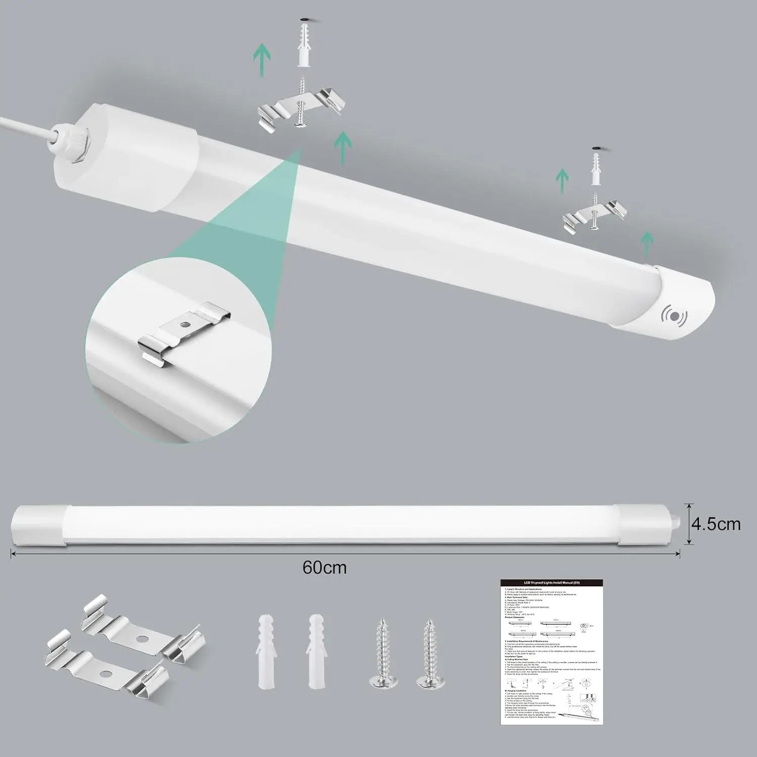 LED-Deckenleuchte mit Bewegungssensor 60 cm, 20 W, 4000 K, IP65 wasserdicht, LED-Röhre für Keller und Werkstatt – Detail 1