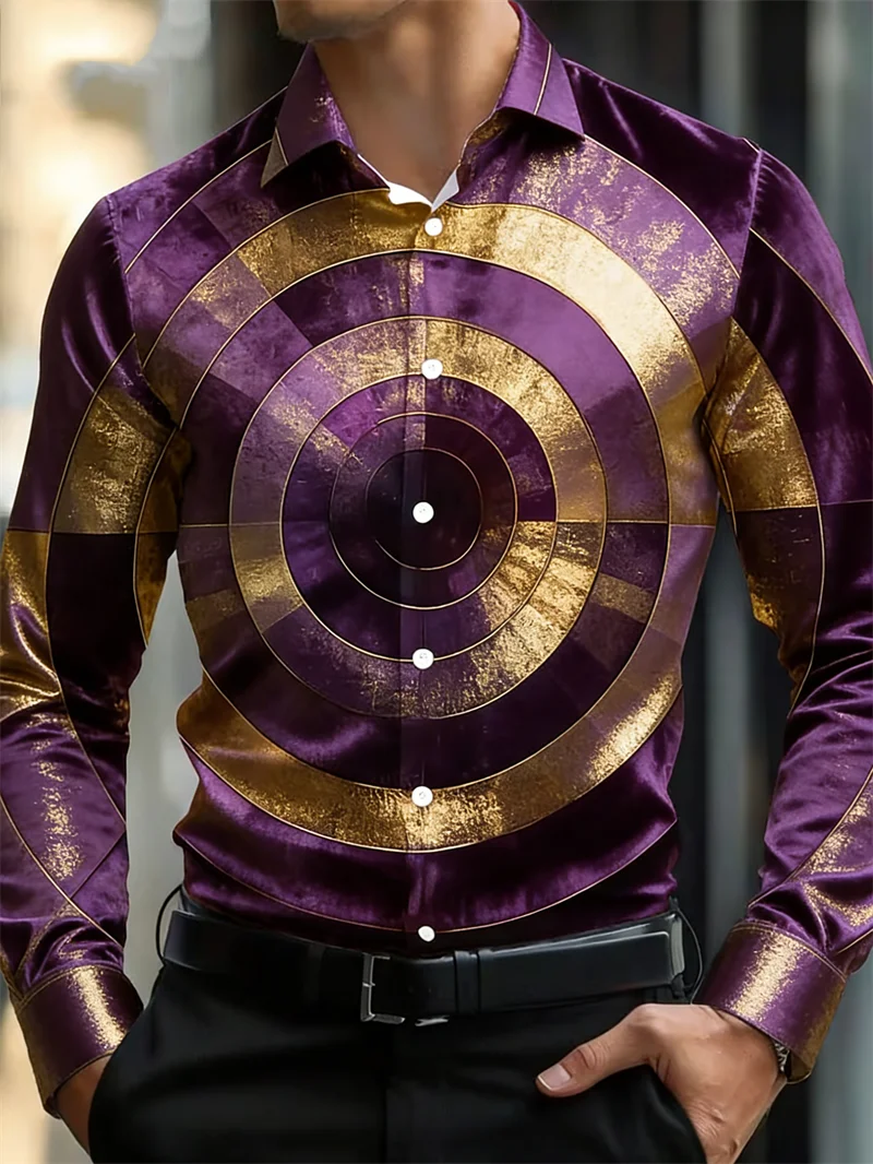 New men's casual circle fashion men's shirt with collar, single breasted long sleeved top, geometric long sleeved shirt