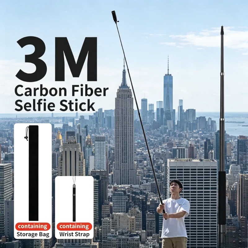 

aMagisn 3M Ultra-Long Selfie Stick, Premium Carbon Fiber Material, Universal 1/4" Screw Mount, Compatible with All Action Camera