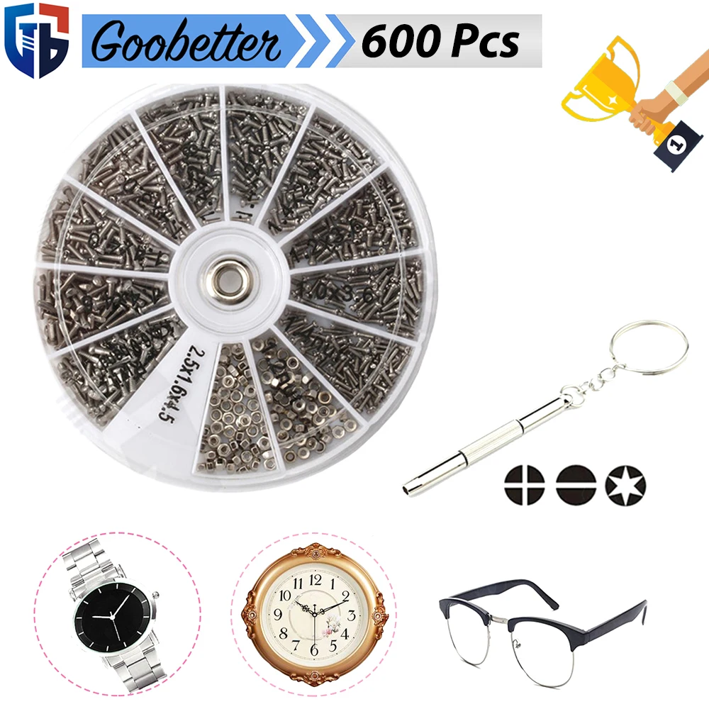 

600Pcs Micro Screws Nuts Repair Assortment Kit M1 M1.2 M1.4 M1.6 Glasses Sunglass Watch Screw Tool Set with Screwdriver