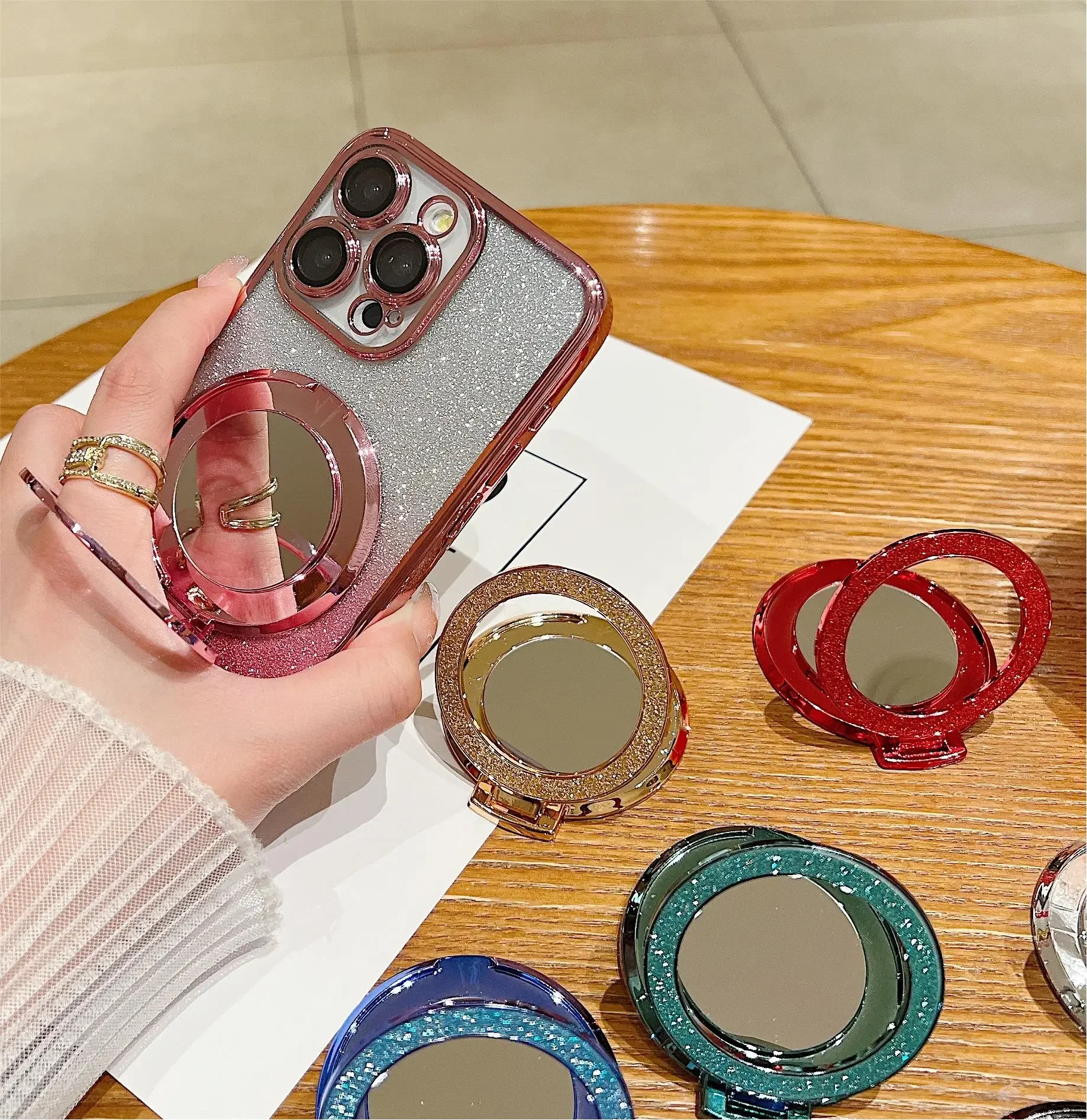 New Ring Grip Magnetic Phone Holder Rotating Round Mirror Glitter Bling Holder for iPhone Redmi Samsung Mobile Phone Holder