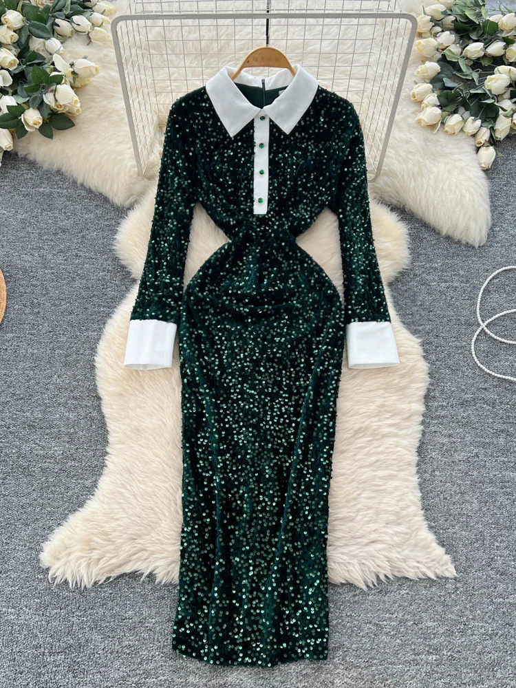 Ele High-End Women's Long Sve Dr with Stand Collar Slimming iny Sequins Bodycon Skirt Polyester Fiber High Waist