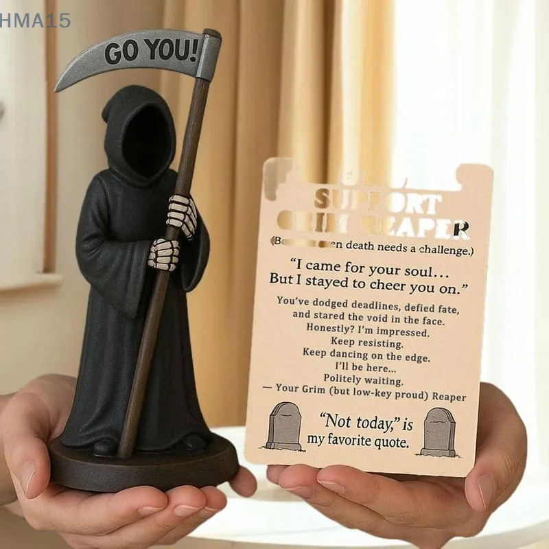 Condolence Coffee Cup Bearing Reaper Sculpture with Emotional Support Cat