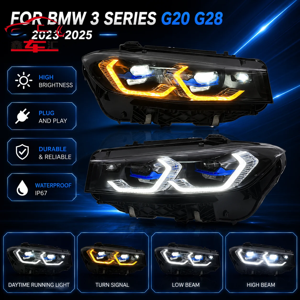 

Car LED Headlight Parts For BMW 3 Series G20 G28 2023-2025 Fog DRL Brake Turn Signal Lamp Plug And Play