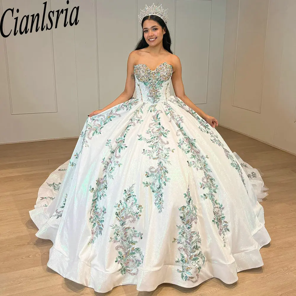 

Princess Sweetheart Beading Crystal Ball Gown Quinceanera Dresses Sequined Appliques Lace Corset Vestidos De 15 Años