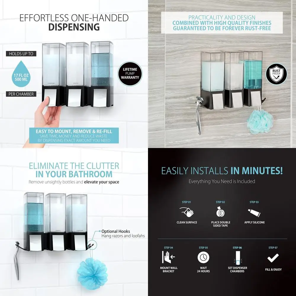 

77384 CLEVER Triple Soap & Shower Gel Dispenser, Black and Chrome