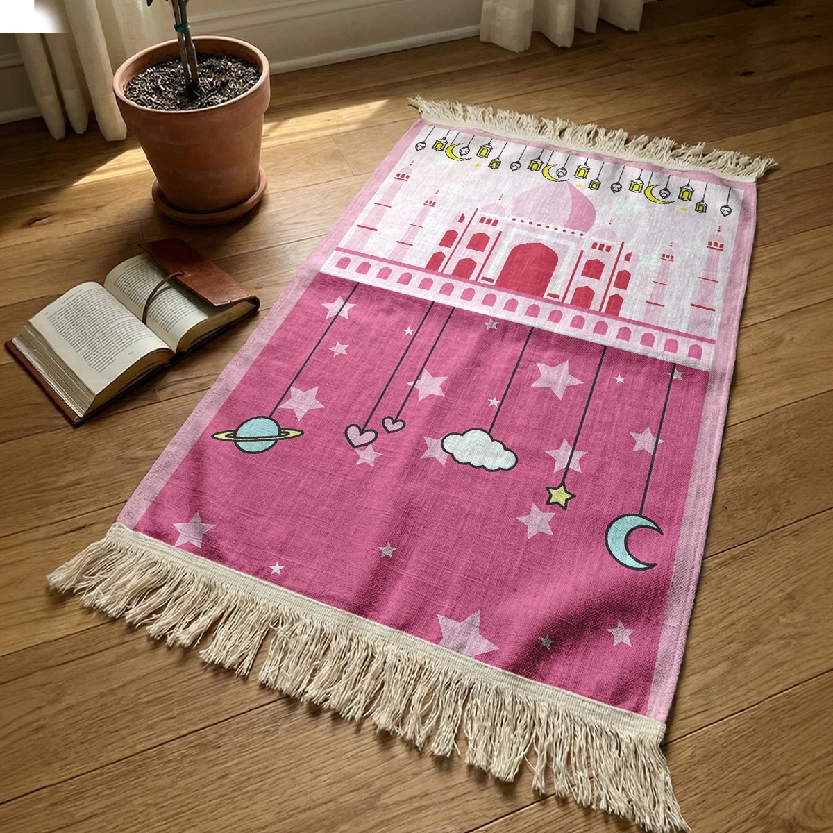 Rosa Kinder-Gebetsteppich mit Quasten, weiche Baumwoll-Gebetsdecke für muslimische Frauen, Eid al-Fitr Geschenk