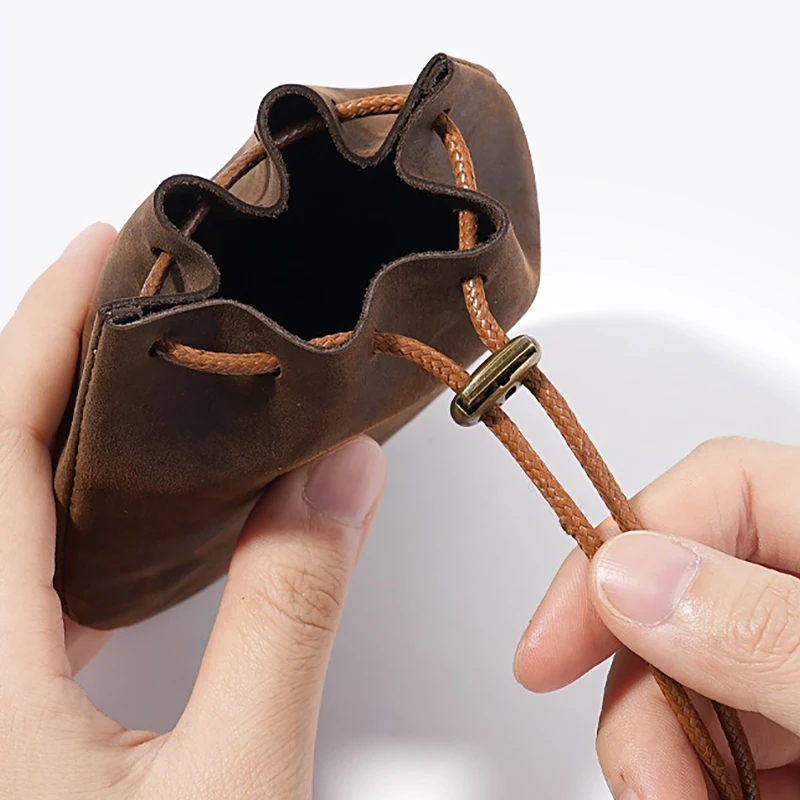Handmade Portable Leather Drawstring Pouch Retro Nordic Style Coin Holders Genuine Leather Coin Purses Coin Jewelry Storage
