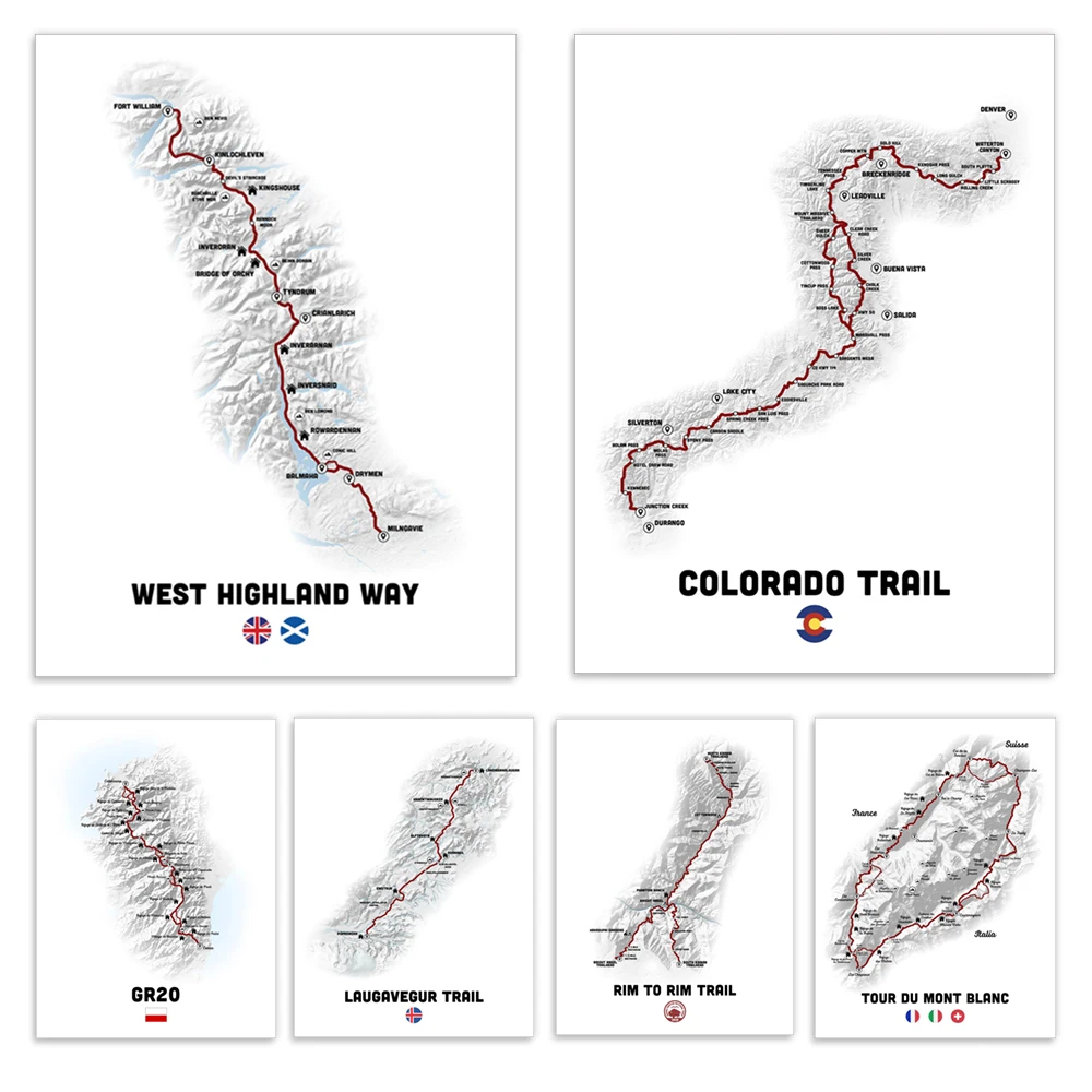Walker Alpine Route, West Highland Way, Tour de Mont Blanc, Tour de Mont Blanc, Laugaveg, GR20 Hiking Map Poster
