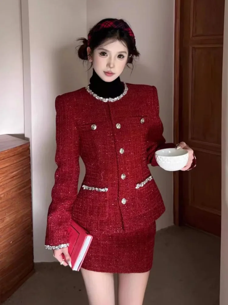 جودة عالية أزياء تويد الدعاوى النساء الحلو شيك سترة معطف + تنورة قصيرة 2 قطعة مجموعات الإناث الفرنسية أنيقة قطعتين وتتسابق #1