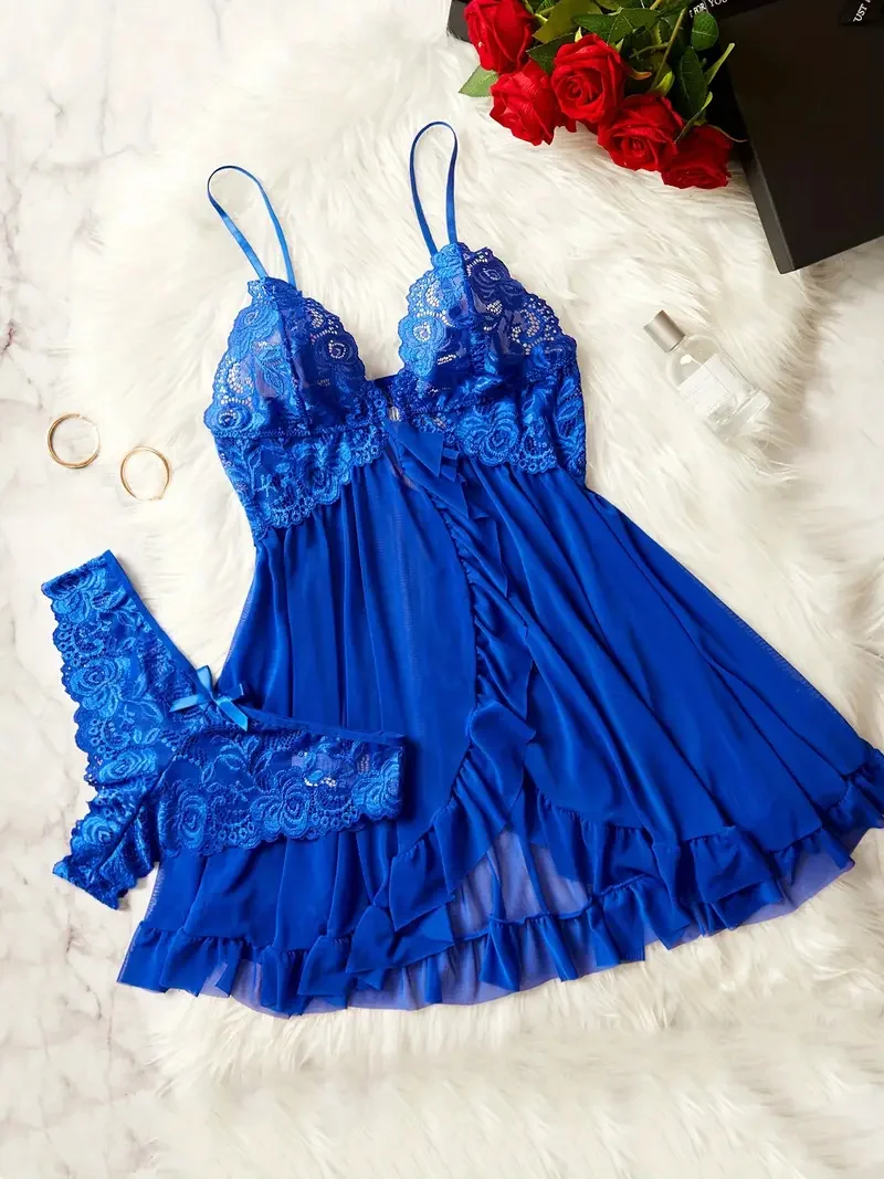 Conjunto de lingerie com babados de renda contrastante, vestido e tanga em V profundo, lingerie sexy feminina e roupa íntima